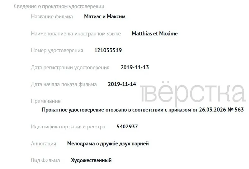 С 1 марта Министерство культуры отозвало прокатные удостоверения как минимум у семи картин после вступления в силу закона о «традиционных ценностях». В реестре не указаны причины, доступны только номера приказов.