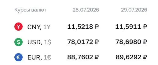Официальный курс на 29 июля: доллар — ₽78,7 (+₽0,68), евро — ₽89,63 (+₽0,87), юань — ₽11,59 (+₽0,07). Для доллара это максимум с 8 апреля.