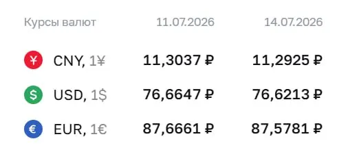 Банк России на 14 июля понизил официальный курс доллара до 76,62 ₽ и евро до 87,58 ₽; юань опустился до 11,29 ₽.