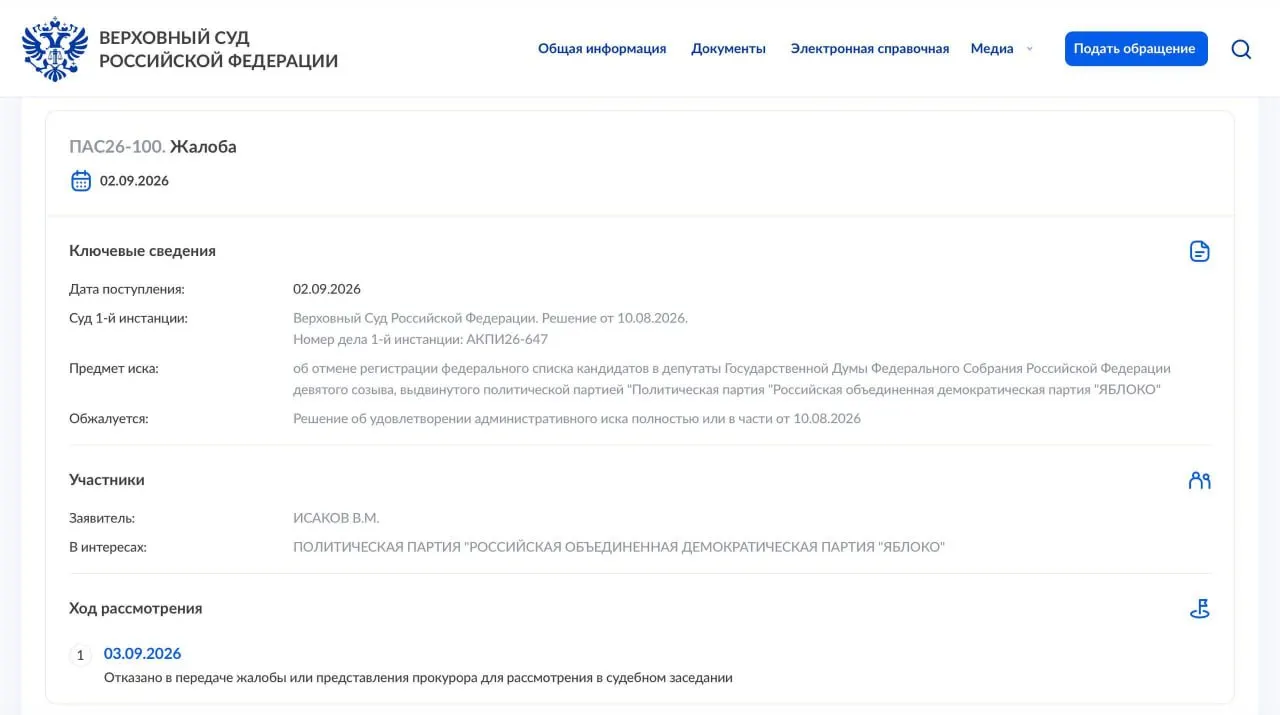 Верховный суд отклонил надзорную жалобу партии «Яблоко» на снятие с федеральных выборов; партия планирует обратиться в Конституционный суд.