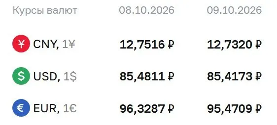 Официальные курсы на пятницу: доллар около 85,42 рубля, евро около 95,47 рубля, юань около 12,73 рубля; также отмечены расчеты по облигациям и фьючерсам на доллар и евро.