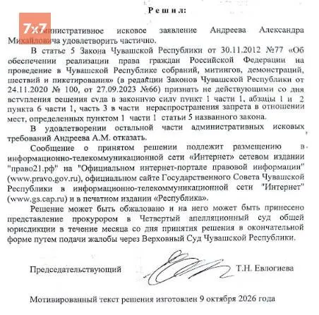 В Верховном суде Чувашии частично удовлетворили иск депутата КПРФ к закону о митингах, отменив часть запрета на акции вблизи торговых центров, рынков и жилых домов.